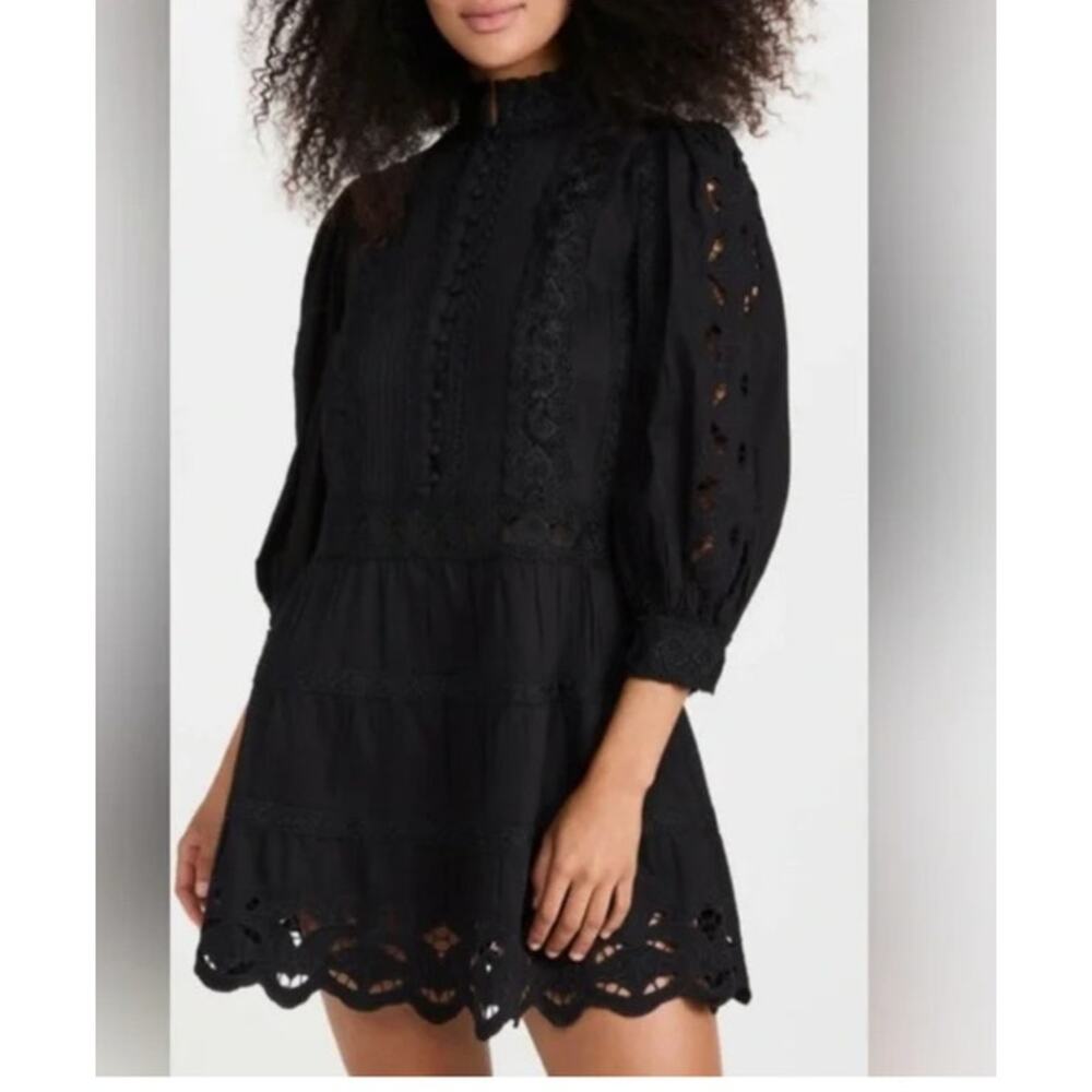 Alice + Olivia Clark Mandarin-Collar Tiered Lace Mini Dress Black - 4